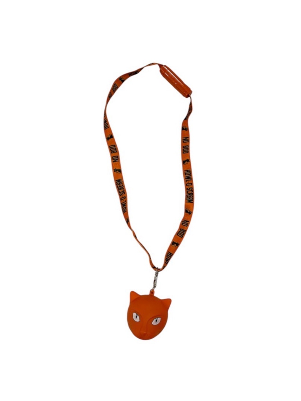 orange Howl-O-Scream lanyard with an orange cat face pendant